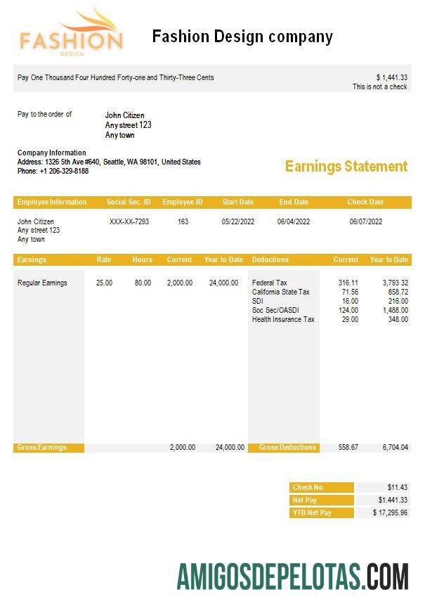 Imprimível Modelo de contracheque de empresa de moda em formatos Word e PDF